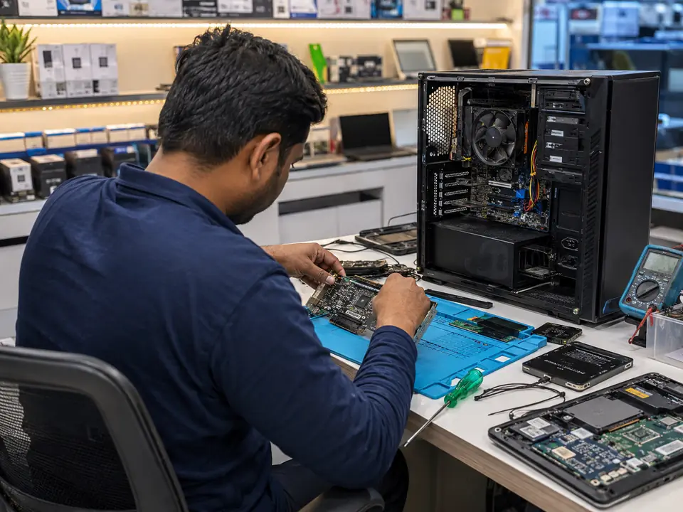 Computer technician servicing a desktop computer